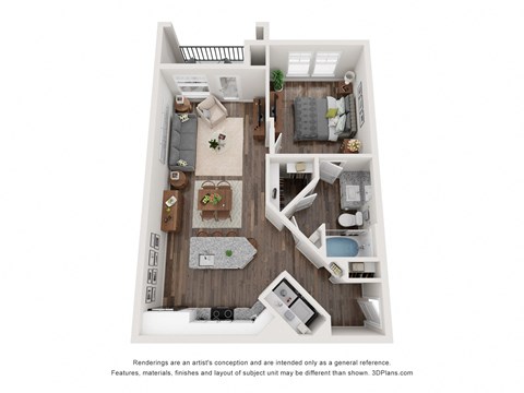Floor plan for 1 bed, 1 bath, 729 sqft